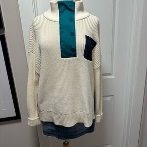Talbots Cool Max Cream Sweater with Teal and Navy Accents. XL Preppy Old Money
